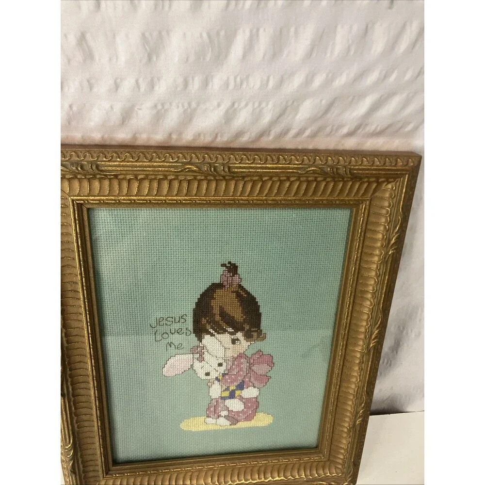 Jesus Loves Me Cross Stitch Hanging Wall Decor 12 1/2”x 10 1/2” Frame